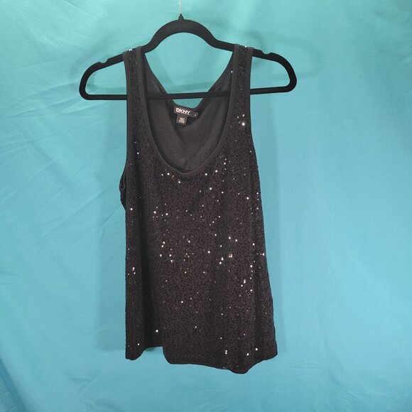 DKNY Womens Sequined Black Tank Top L 100% Cotton Shimmering Sleeveless Blouse - Picture 1 of 7